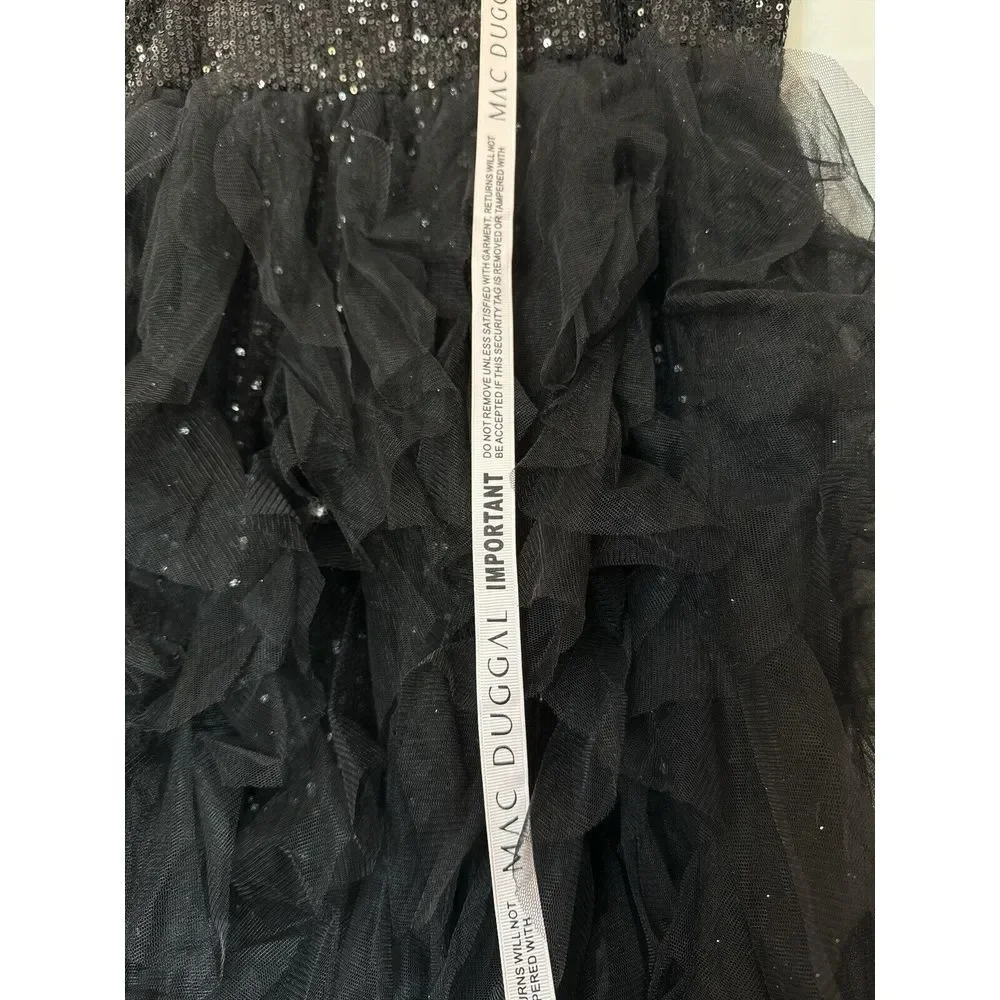IEENA FOR MAC DUGGAL Sequin Mini with High Low Ruffle Tiered Train #27119‎ Sz 12